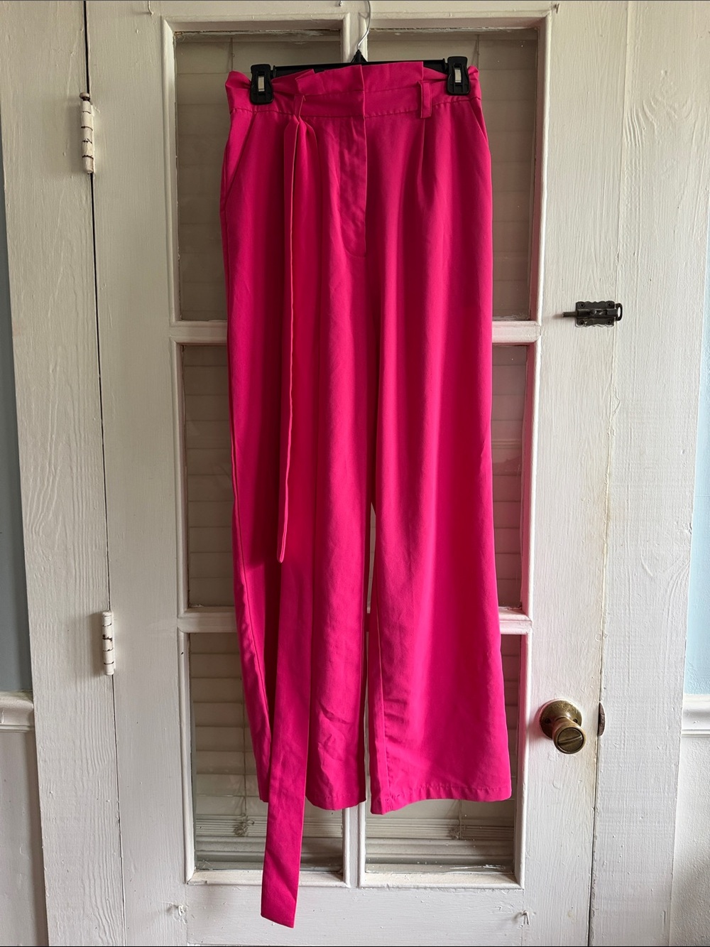 High-Waist Wide-Leg Pants with Self-Tie Belt in Bright Pink
